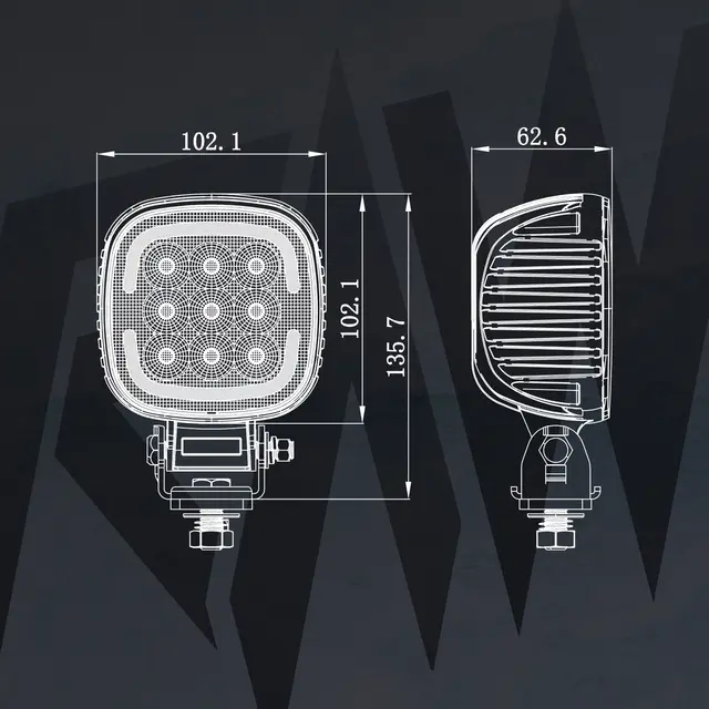 RAW TRIO arbeidslys 102mm m/ rødt/hvit/gult parklys, 5220 lm, 45W 
