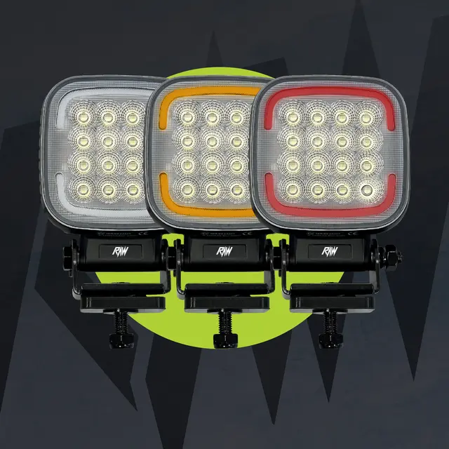 RAW TRIO XL arbeidslys 114mm m/ rødt/hvit/gult parklys, 9280 lm, 80W 