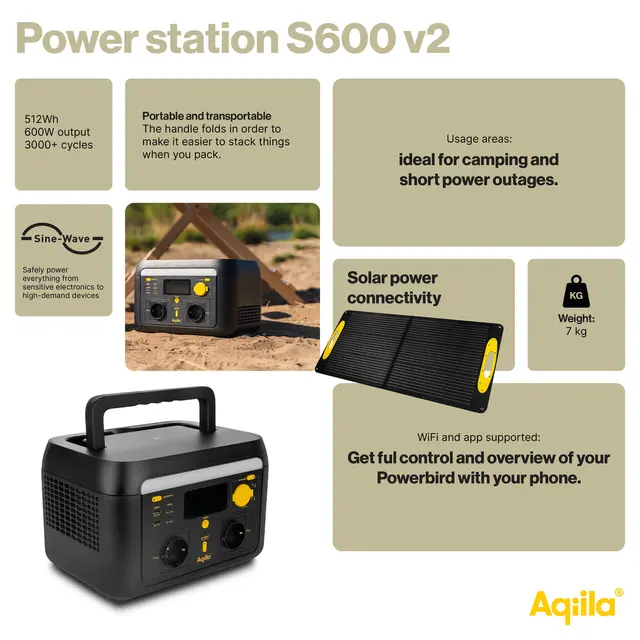 AQIILA POWERBIRD S600V2 powerstation 600W kontinuerlig effekt 