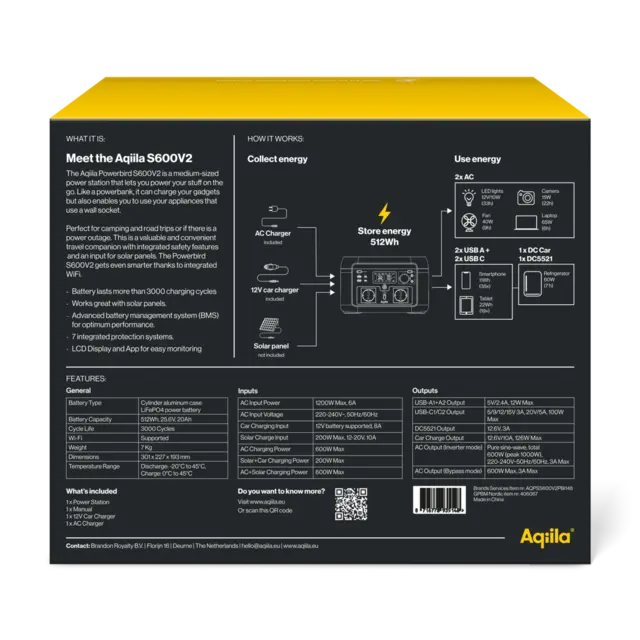 AQIILA POWERBIRD S600V2 powerstation 600W kontinuerlig effekt 