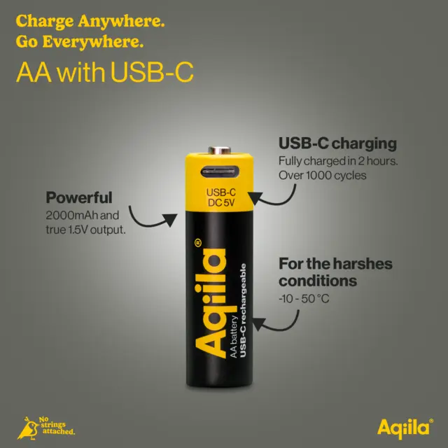 AQIILA Oppladbare AA Lithiumbatterier USB-C, 1,5V 4 pk 