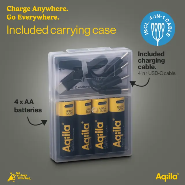 AQIILA Oppladbare AA Lithiumbatterier USB-C, 1,5V 4 pk 