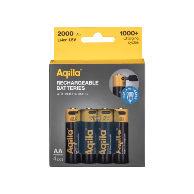 AQIILA Oppladbare AA Lithiumbatterier USB-C, 1,5V 4 pk 