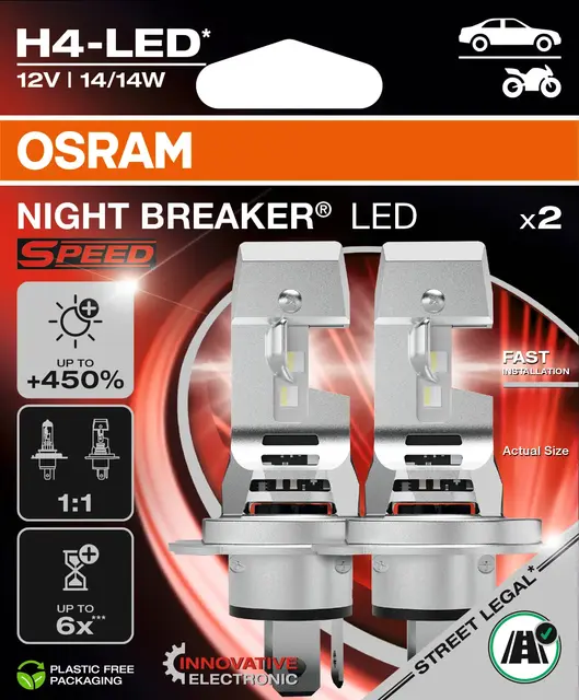 OSRAM H4 14W/14W 12V 1600lm/1000lm 6000K Osram LEDriving Night Breaker SPEED+450% 