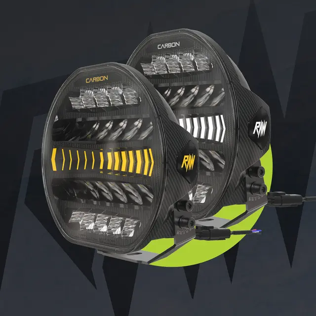 RAW CARBON fjernlys 9" m/dynamisk gult el. hvitt parklys, 170W 
