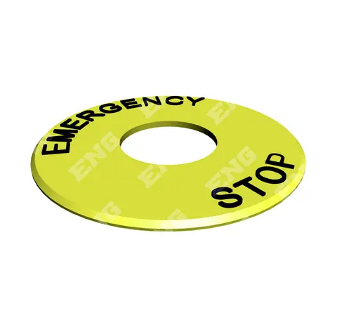 Merking til nødstoppbryter med tekst: "EMERGENCY STOP"