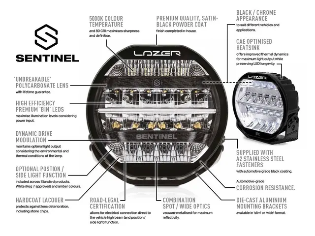 LAZER Sentinel 9" Elite sort Fjernlys m/parklys 